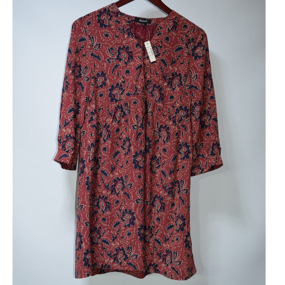 Madewell Silk Floral Dress NWT Red Blue Print 3/4 Sleeve Size Small